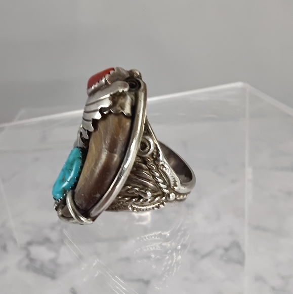 Zuni Sterling Silver Ring Size 11 Turquoise, Coral Bennie Bowekaty - Picture 2 of 12